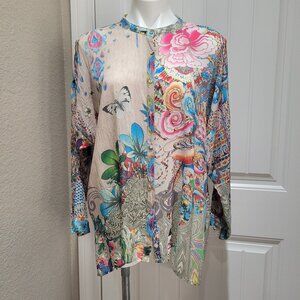 Johnny Was Tunic Top Size SMALL Multicolor Cupro Rayon Roll Tab Sleeve Buttons